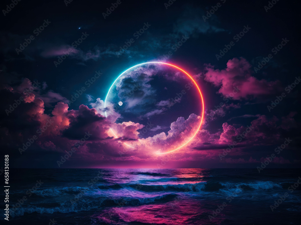 neon landscape. neon sky with stars and pink clouds, futuristic abstract background neon landscape. neon sky with stars and pink clouds, futuristic abstract background