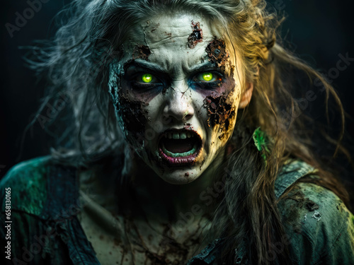 female zombie. logo of angry screaming female zombie with glowing eyes in the dark one eye green and one blue, style of cover art