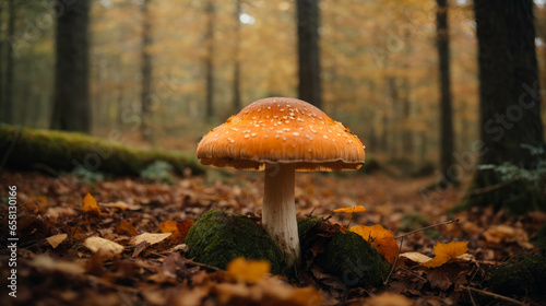 beautiful closeup of forest mushrooms in grass, autumn season, side view. Autumn honey agaric (Latin Armillaria mellea)