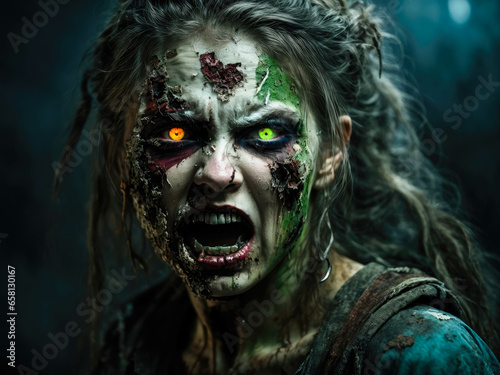 female zombie. logo of angry screaming female zombie with glowing eyes in the dark one eye green and one blue, style of cover art