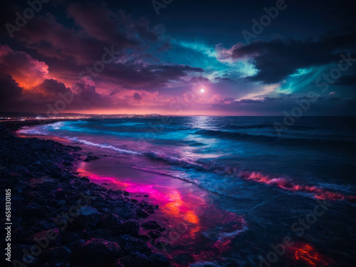 neon landscape. neon sky with stars and pink clouds, futuristic abstract background