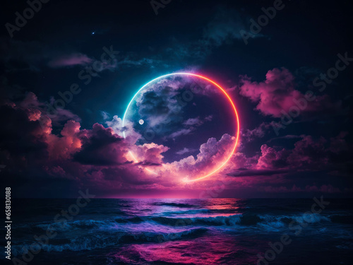 neon landscape. neon sky with stars and pink clouds, futuristic abstract background