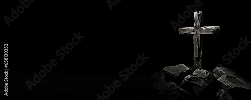 Religious Christian banner of a black and white wooden cross on rock hilltop with copy space
