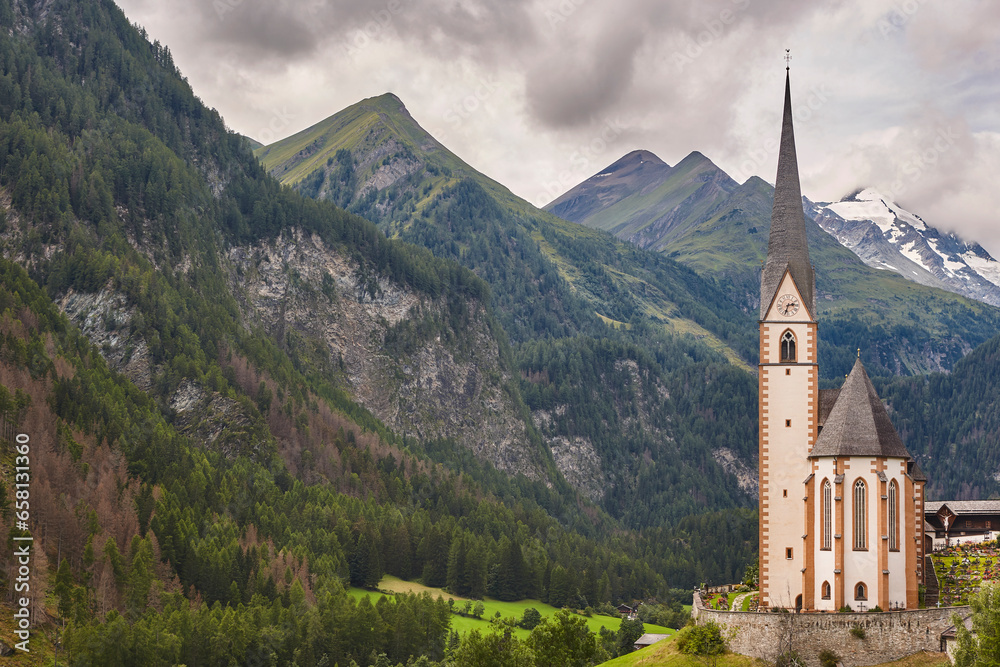 Picturesque Heilingenblut church in Grossglockner alpine mountain road. Carintia, Austria