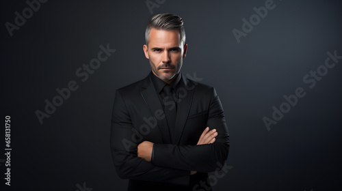 Confident businessman in black suit with crossed arms looking at camera