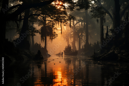 Dawn by the River: Captivating Reflection and Foggy Atmosphere © Siriroj
