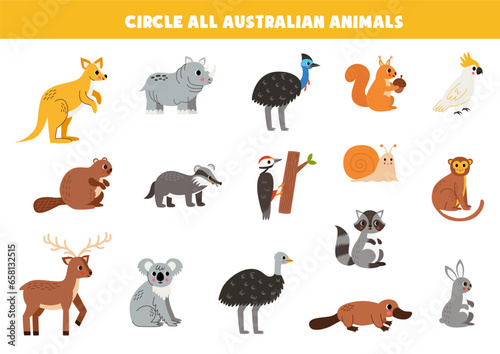 Find all Australian animals. Educational worksheet for children.