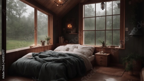 cozy cottage bedroom on a rainy day , 8 k , hyper realistic , comfortable , architecture photography , on a mountain