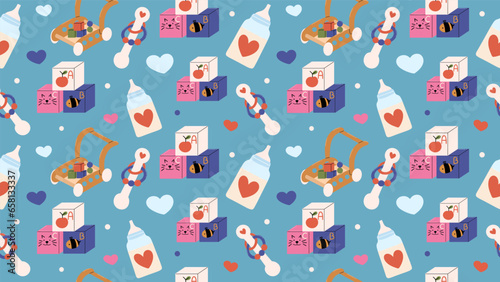 Baby seamless pattern with bottle, toys, rattle. Hand draw illustration