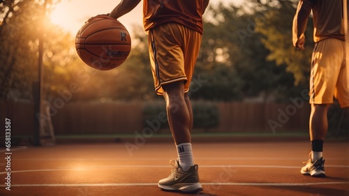 A Basketball Player in Action, Caught Mid-Throw as the Setting Sun Casts a Spectacular Glow on the Court
