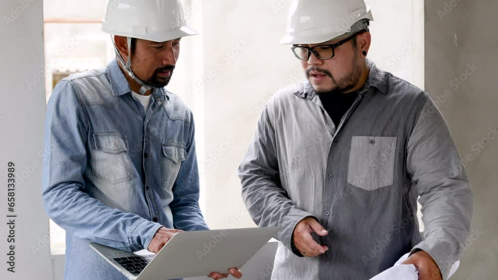 4K Asian engineering foremen working reading blueprint on construction site, middle-aged Indian contractor male discuss using laptop technology with young architect man wearing helmet, men at work 4K Asian engineering foremen working reading blueprint on construction site, middle-aged Indian contractor male discuss using laptop technology with young architect man wearing helmet, men at work