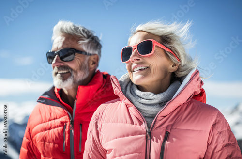 Active old age. An elegant middle-aged elderly couple, leads an active lifestyle. They smile while hiking in the mountains, enjoying the beauty of nature during their active retirement. 