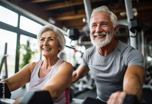 Active old age. An elegant middle-aged elderly couple leading an active lifestyle. They smile during classes in the tripod fitness room, after retirement. photo