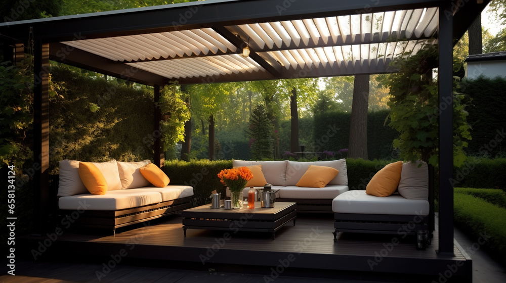 Fototapeta premium Dining in Style, Modern Patio Furniture Set with Pergola Shade, Generative AI