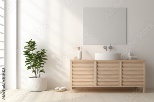 Scandinavian style interior, minimalist bathroom design with light wooden elements