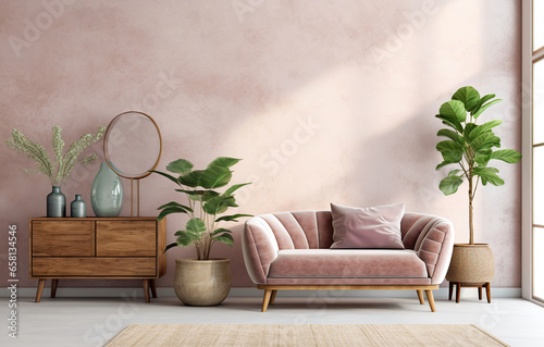 Pink velvet loveseat sofa, wooden cabinet and potted houseplant against venetian stucco wall. Scandinavian home interior design of modern living room. photo