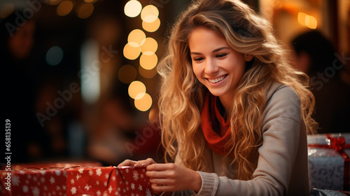 Joven sonriente envolviendo regalos de Navidad delante de un Árbol de Navidad en el salón de su casa.