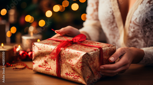 Fotografia Joven sonriente envolviendo regalos de Navidad delante de un Árbol de Navidad en el salón de su casa