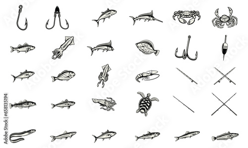 sea fish,fishing, silhouette isolated on white