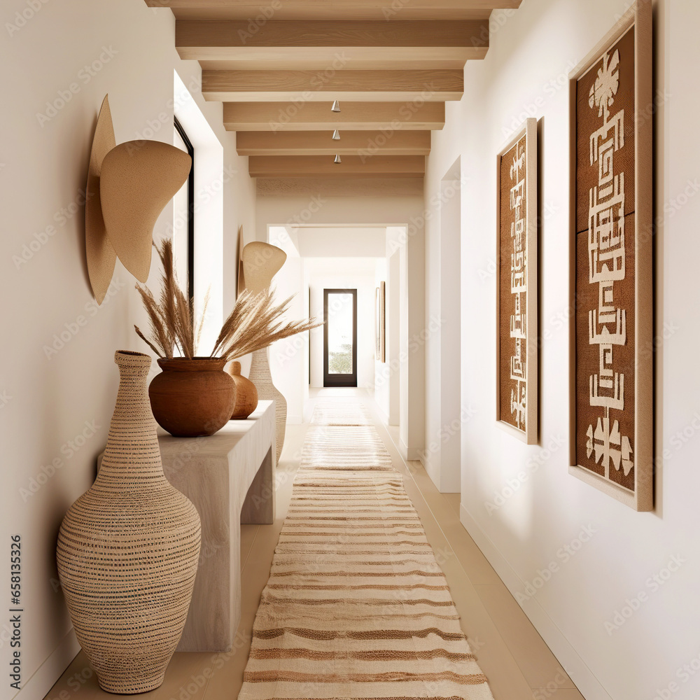 Boho style interior design of modern entrance hall with door. Stock ...