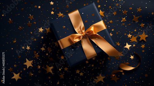 Black gift box with golden bow and stars on black background. 3d rendering. Holiday banner with gift boxes. Black gift box with golden bow and confetti on black background.