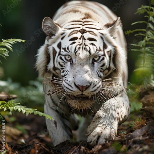 A Strobg White Tiger Walking Through A Lush Green Rainy Forest Selective Focus Background