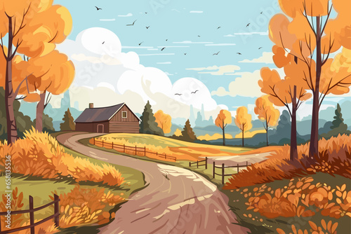 Fall autumn landscape background vector, simple abstract style. Good for fashion fabrics, children’s clothing, postcards, social post, books, wallpaper, banner, events, covers, advertising, and more.