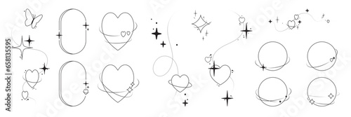 Y2k aesthetic line shape, trendy frame with heart, sparkle, star. Modern minimalist vector illustration. Isolated design elements. 
