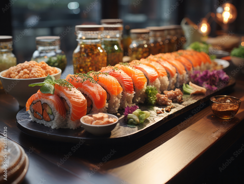 A variety of sushi in a Chinese restaurant. A variety of sushi in a Chinese restaurant.