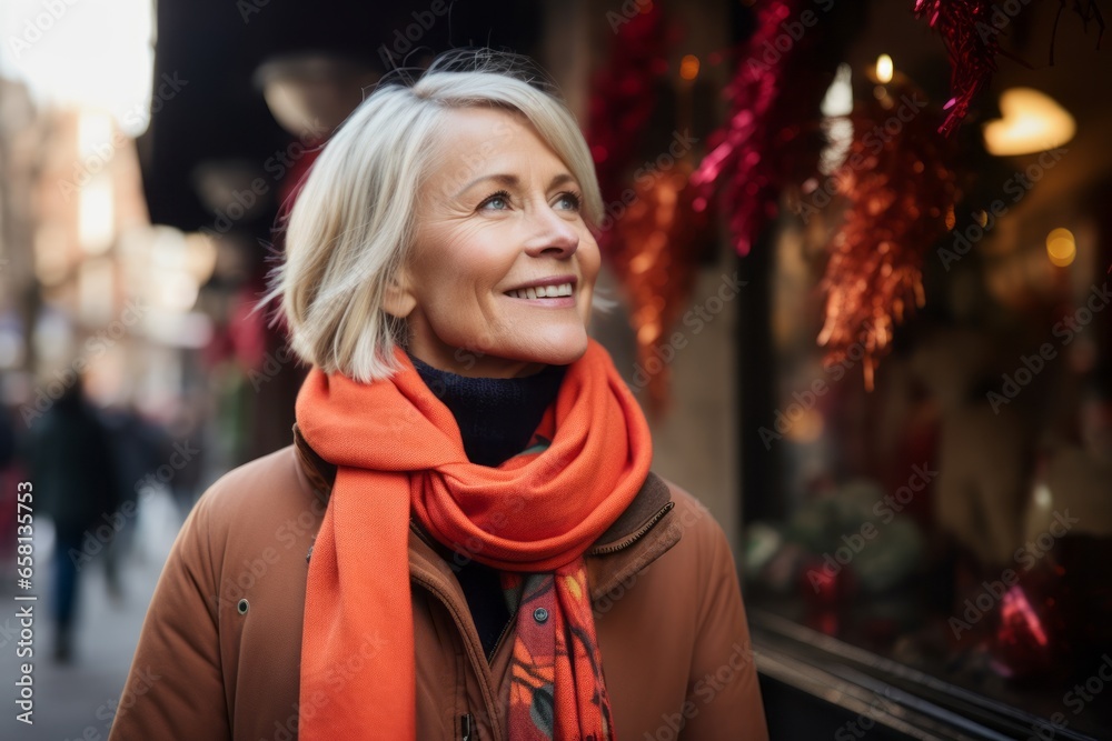 Portrait of mature woman in coat and scarf on Christmas market background