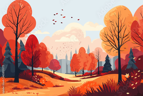 Fall autumn landscape background vector, simple abstract style. Good for fashion fabrics, children’s clothing, postcards, social post, books, wallpaper, banner, events, covers, advertising, and more.