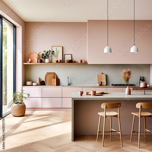 Pink kitchen cabinets and wooden shelf. Scandinavian modern interior design of kitchen with island, dining table and chairs.