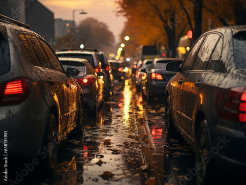Traffic jam with a lot of cars on a rainy evening. 