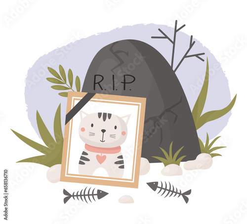 Photograph of dead cat. Cemetery and grave, stones with grass and fish skeleton. Vector illustration. Mourning frame with lovely pet of kitten ghost