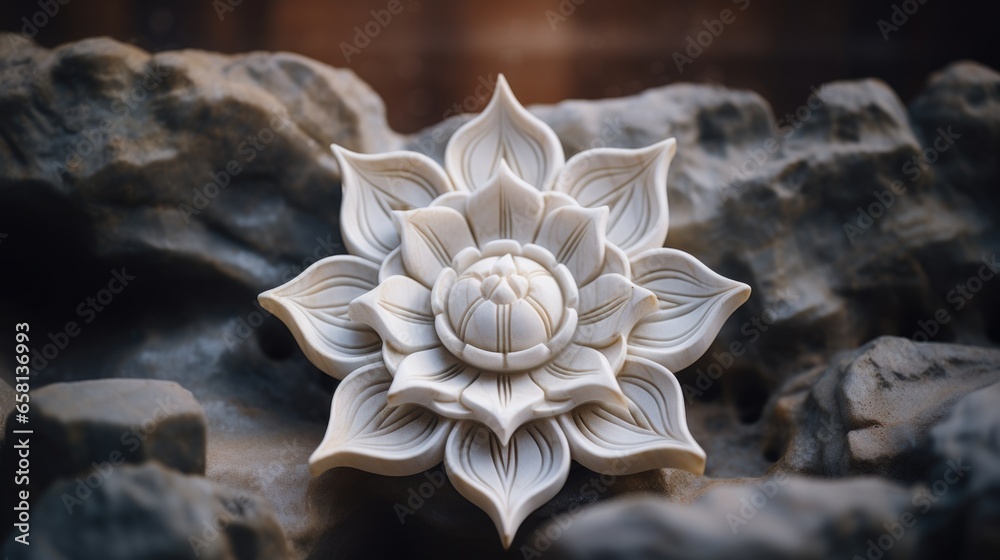Grey granite stone carving depicting a sacred lotus flower in bloom outside in a tranquil and peaceful zen garden, close up macro.  