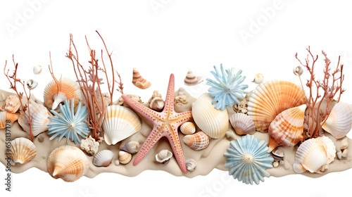 Beach-themed Banner with Shells and Corals Isolated on Transparent or White Background, PNG
