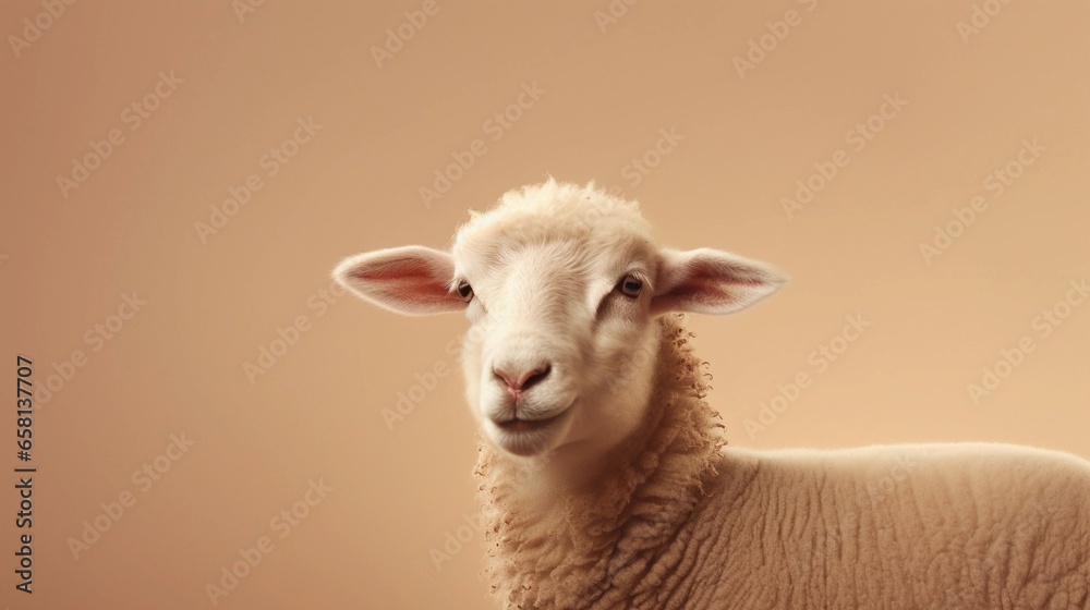 a sheep on a light brown background with space for text on the side, background image, generative AI