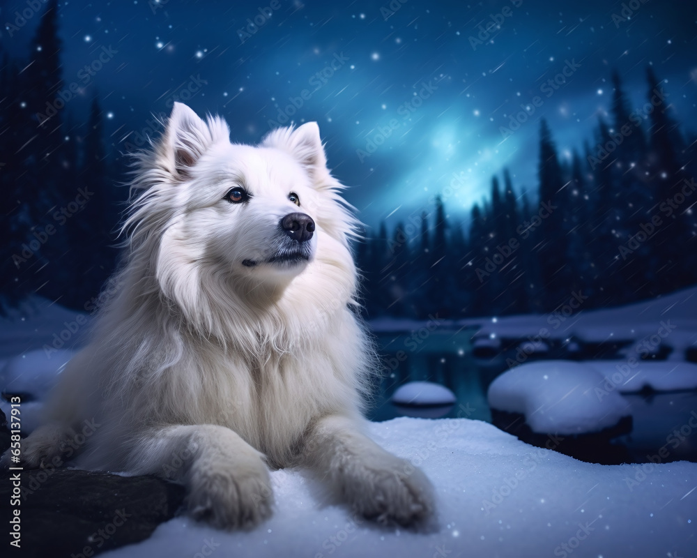 Winter landscape at night with a dog, snowy landscape a winter night with snowflakes and a dog samoyed