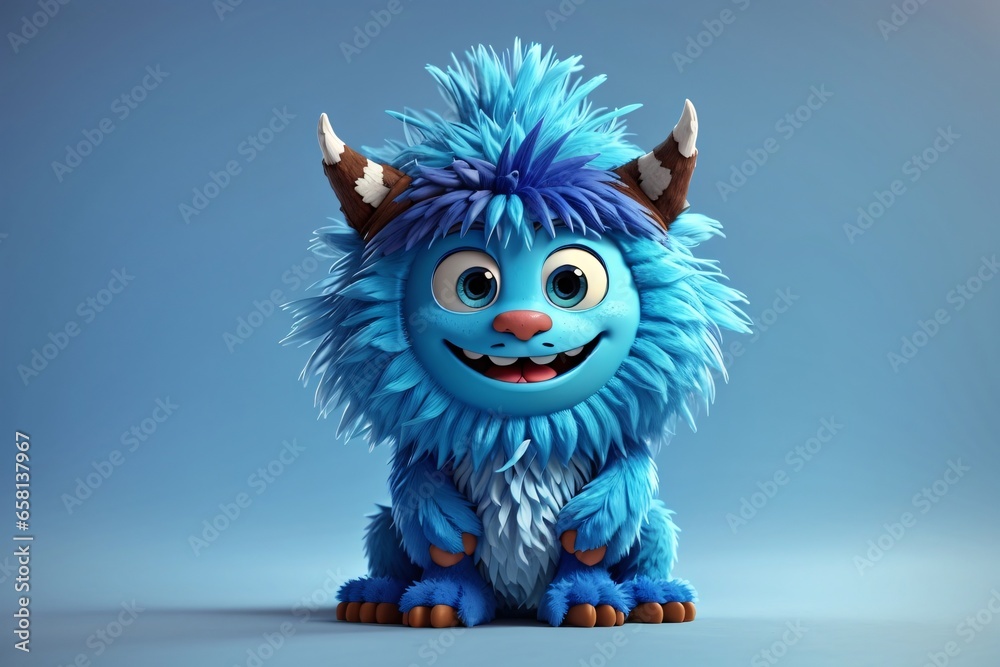 Cute blue monster 3D cartoon character. Generative Ai.