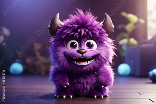 Cute purple monster 3D cartoon character. Generative Ai.