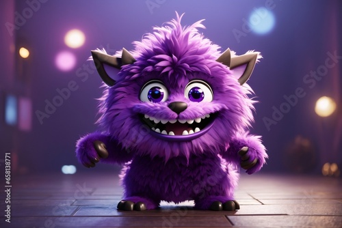 Cute purple monster 3D cartoon character. Generative Ai.