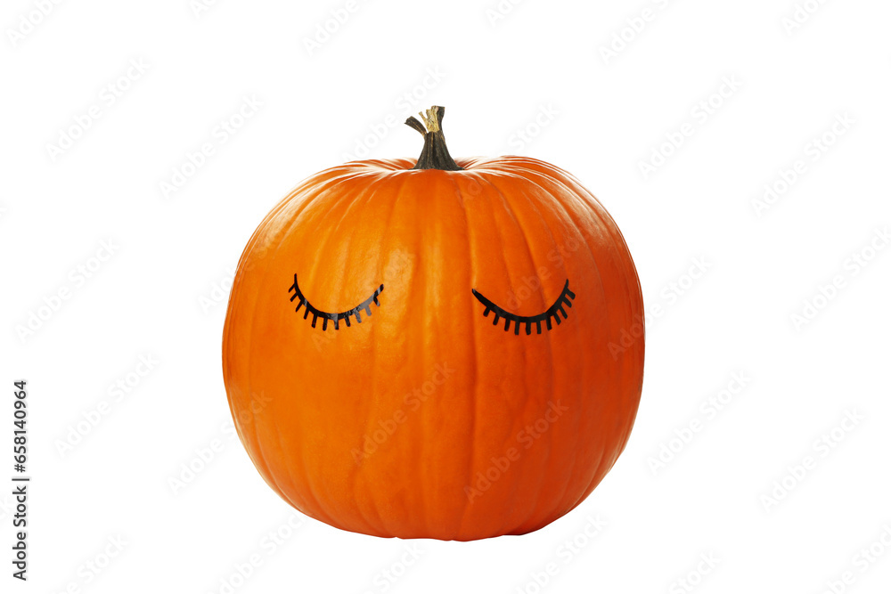 Obraz premium PNG, Pumpkin with eyelashes and white flowers, isolated on white background