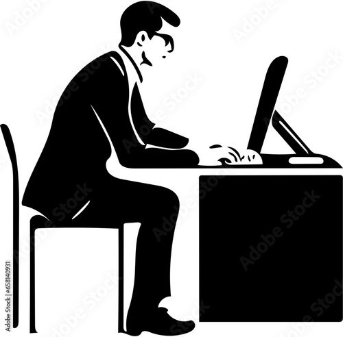 Black and white illustration of a man working on a computer in an office 