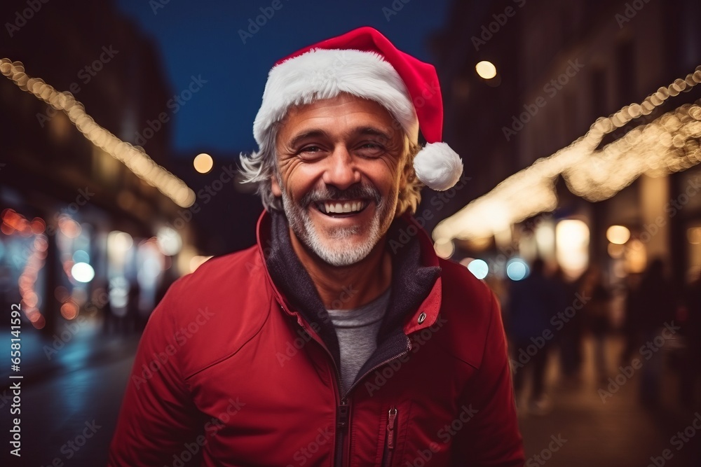 Portrait of a senior man with christmas hat in the city at night Portrait of a senior man with christmas hat in the city at night