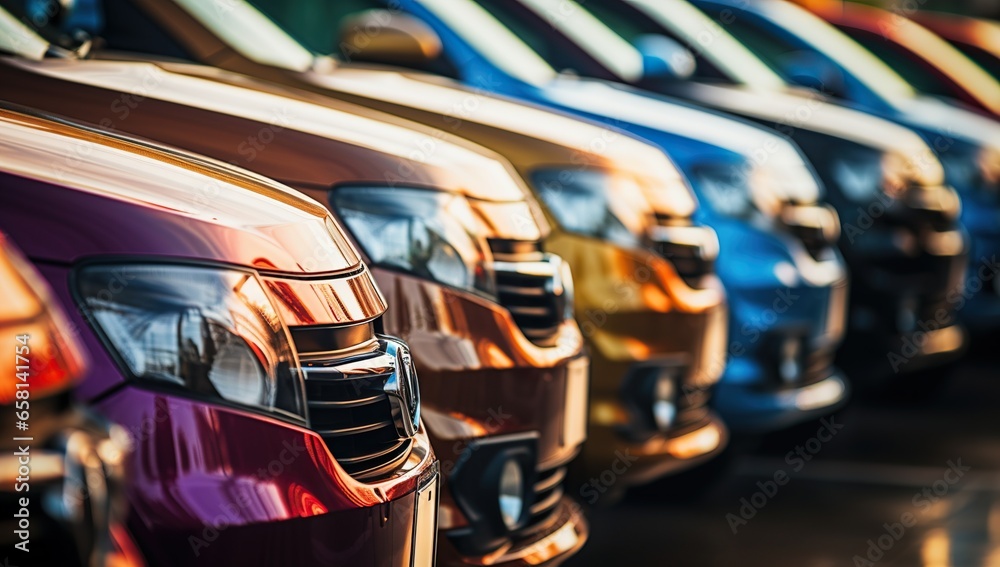 Colorful Cars Lined Up in Glowing Dealership Display - obrazy, fototapety, plakaty 