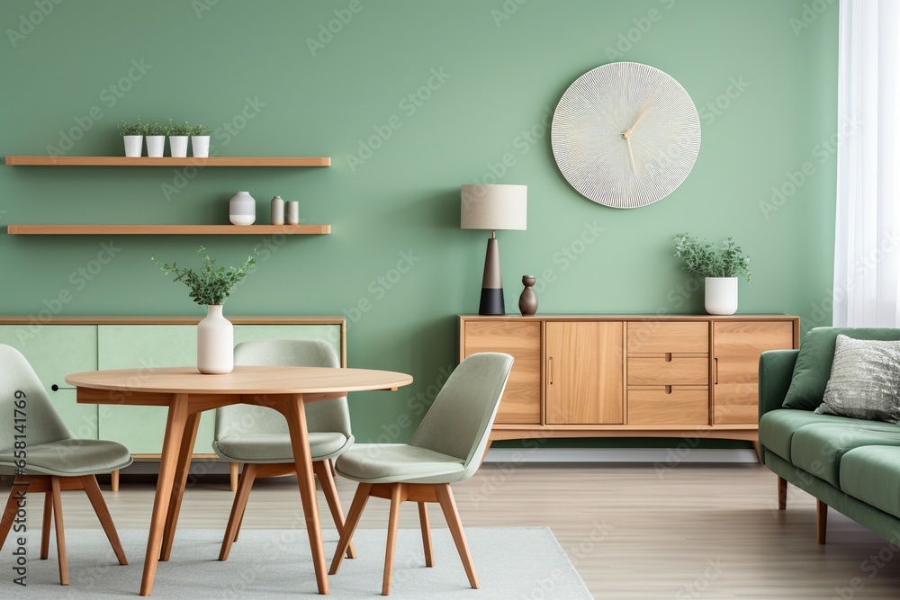 Chairs and wooden table in green Scandinavian-inspired living room Chairs and wooden table in green Scandinavian-inspired living room