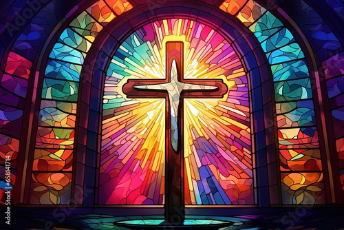 Illustration in stained glass style with cross on the background of the stained glass window