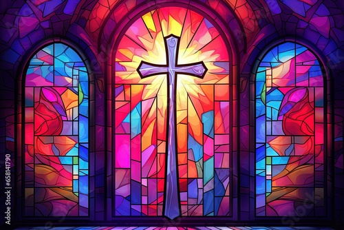 Illustration in stained glass style with cross on the background of the stained glass window