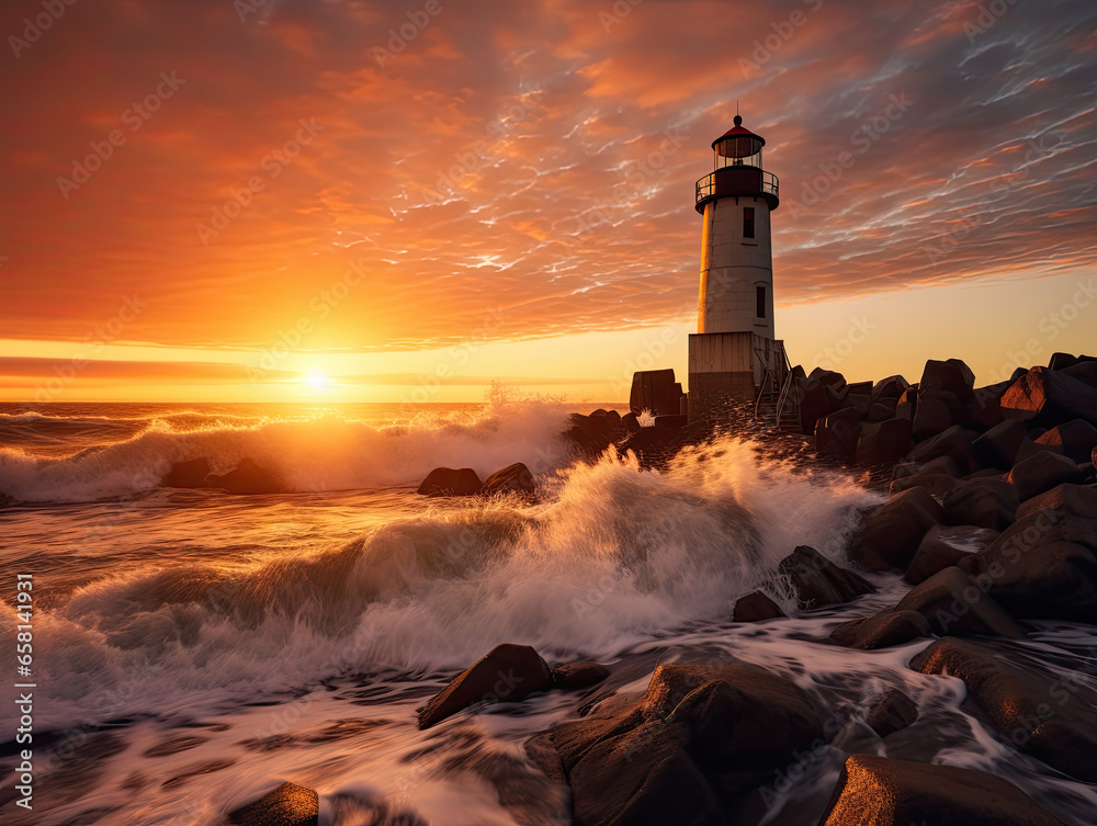 lighthouse on the coast at sunset