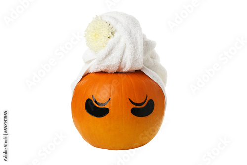PNG, pumpkin with eye patches and towel, isolated on white background